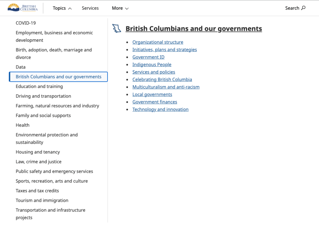 Mega menu screenshot of Gov.Bc.Ca Alpha design