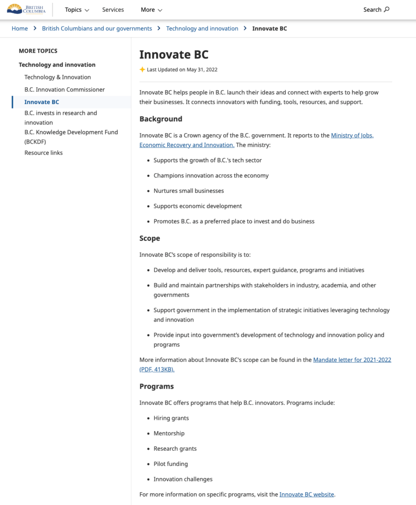 Topic page screenshot of Gov.Bc.Ca Alpha design