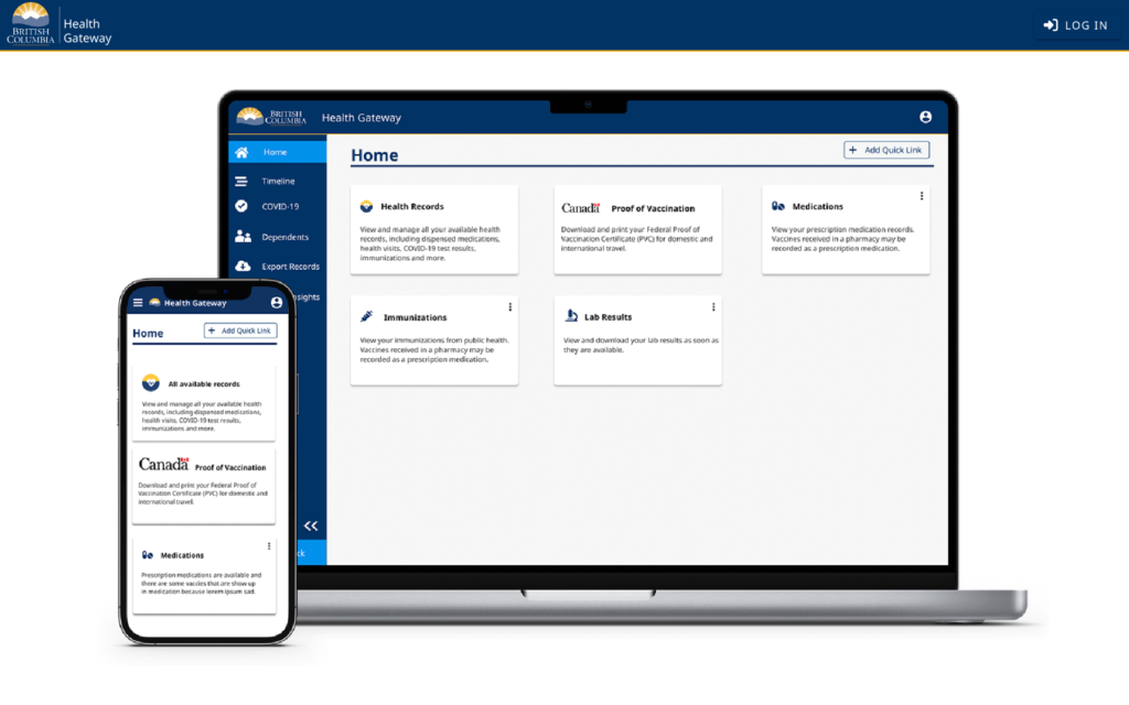 Landing page of the Health Gateway Application.