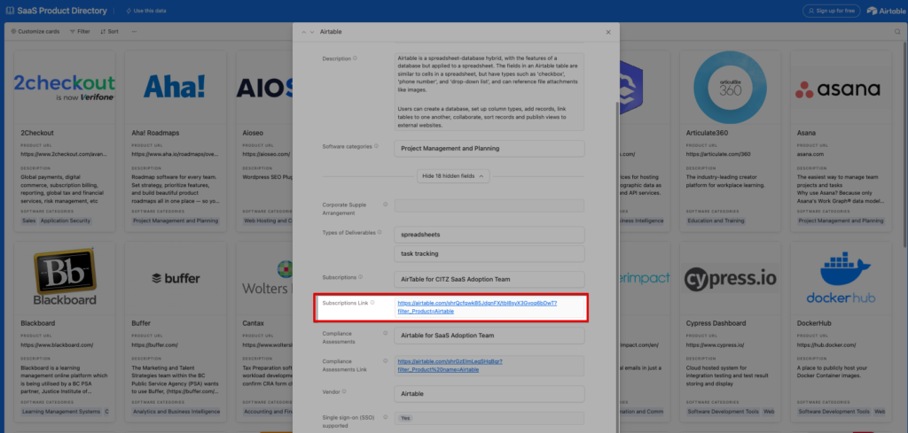 showing directory screen to select a field called subscription link that will be clickable to find out existing subscriptions