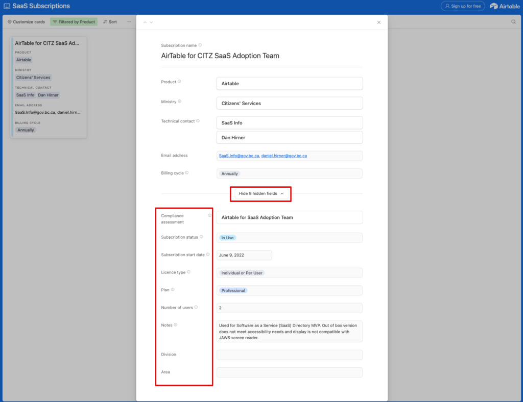 Expanded version of product subscription with more details about it including compliance assessment, subscription status, date, license type, plan, users, notes, division and area - it includes a toggle button to expand or hide these details