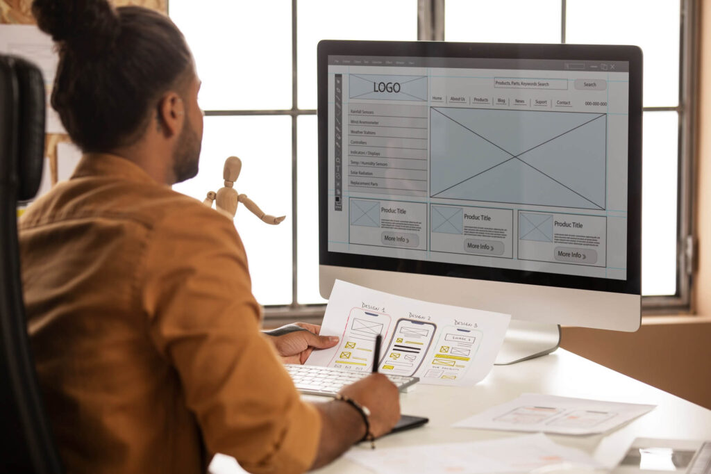 A person working at a computer on a web design project.